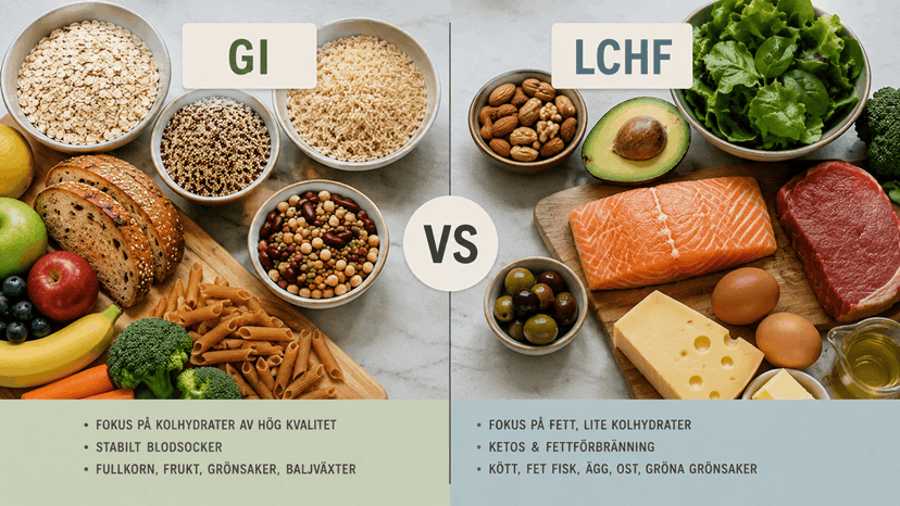 Bilder på GI mat och LCHF mat.
