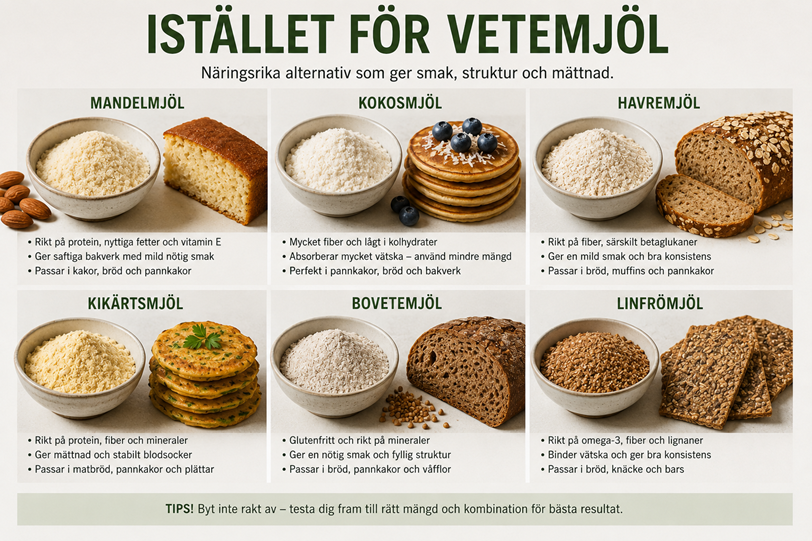 Bilder på olika mjöl med beskrivning.