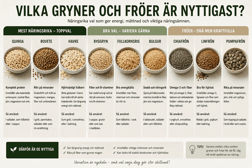 Jämför gryner och fröer i en tabell.