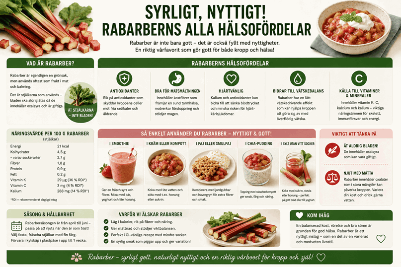 Tabell över rabarbers alla fördelar.
