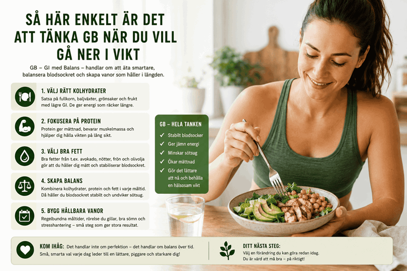 Kvinna som äter nyttigt mål mat och ler.