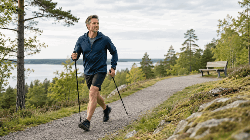 Man går med gångstavar i skogen på en grusväg.