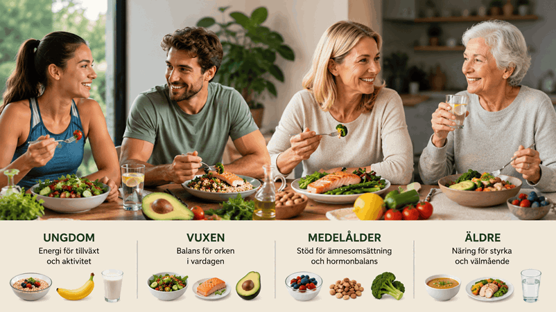 Människor i olika åldrar äter gi-anpassad mat.