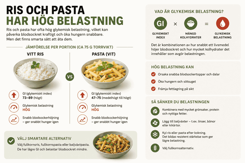 Jämförelse mellan ris och pasta.