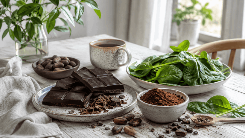 Kakao, mörk choklad och spenat samlat på ett bord.