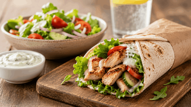 Nyttig fajita-wrap med grönsaker, kyckling och yoghurt-baserad sås.