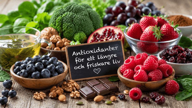 Bär, frukt, grönt och diverse antioxidantrika livsmedel.
