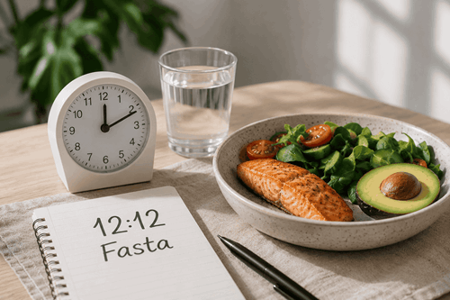 Mat och klocka för 12:12 fasta