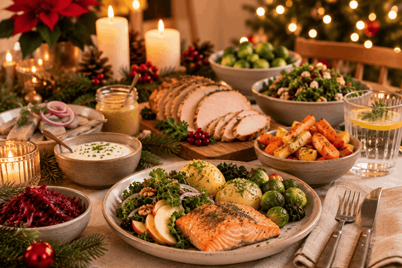 Julbord med nyttig mat.