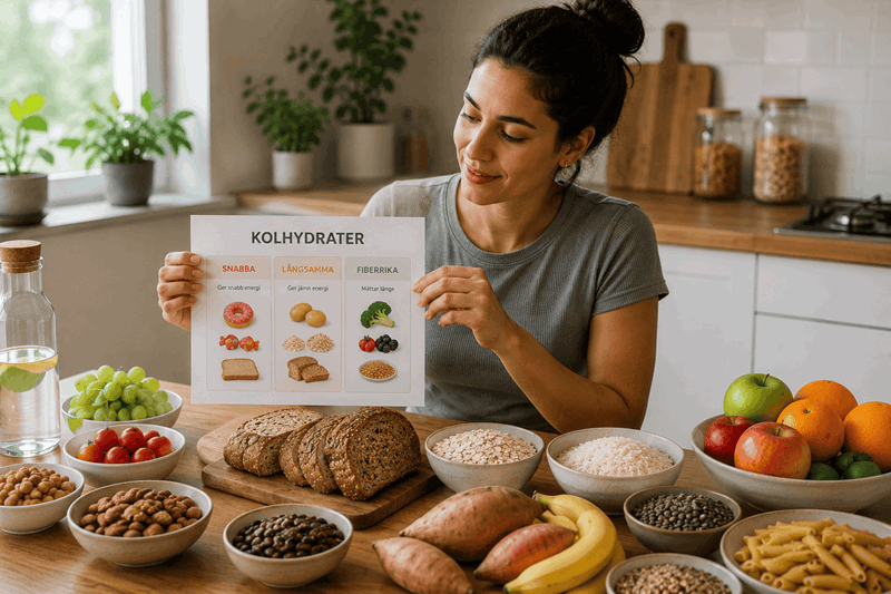 En kvinna med massa livsmedel framför sig håller upp en bild med info kring olika typer av kolhydrater.