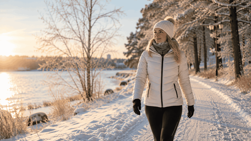 Kvinna som promenerar i kylan.