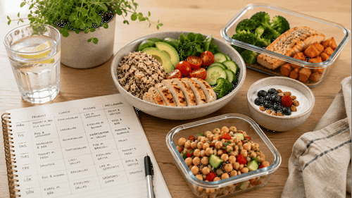 Kostschema i ett textblock och några olika meal-prepps.