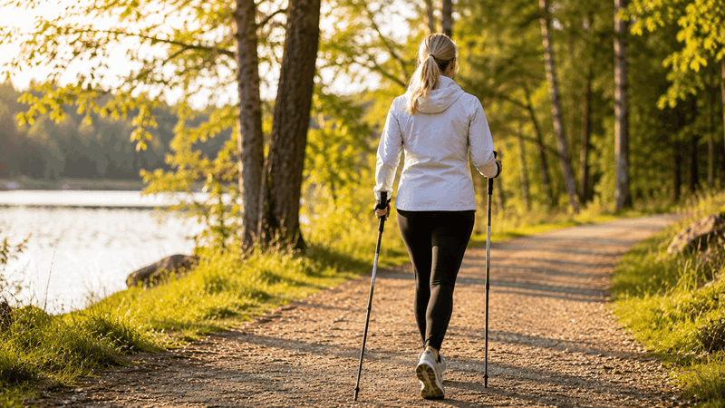 Kvinna som är ute på promenad med sina vandringsstavar.