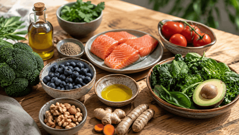 Massa olika livsmedel som är antiinflammatoriska.